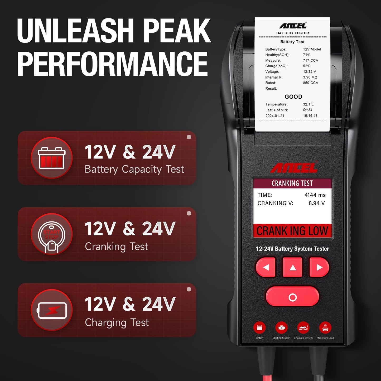 ANCEL BST600 Battery Tester 12V/24V 100-2000CCA Auto Battery Temperature Load Tester Cranking Charging System Analyzer
