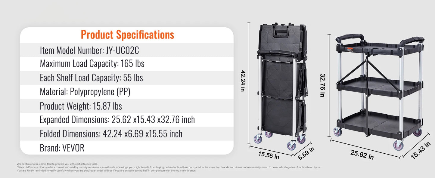 3 Tier Folding Rolling Utility Cart