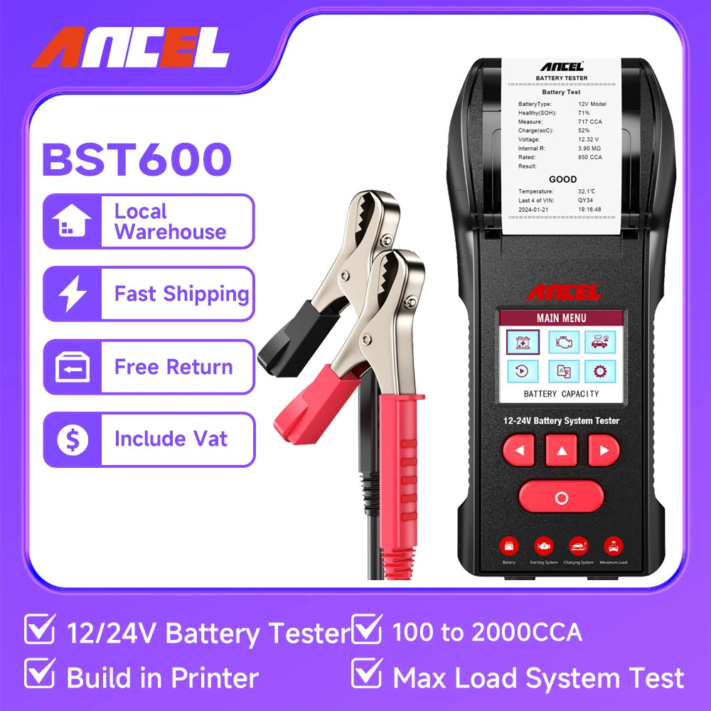 ANCEL BST600 Battery Tester 12V/24V 100-2000CCA Auto Battery Temperature Load Tester Cranking Charging System Analyzer