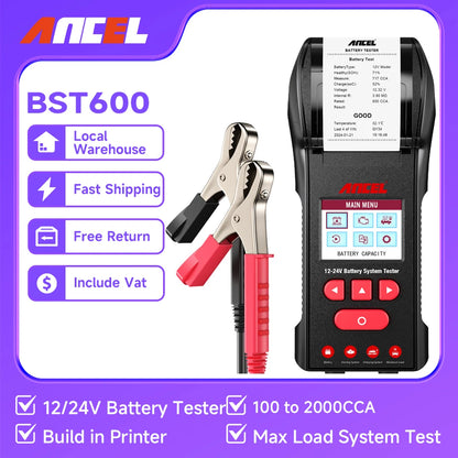 ANCEL BST600 Battery Tester 12V/24V 100-2000CCA Auto Battery Temperature Load Tester Cranking Charging System Analyzer